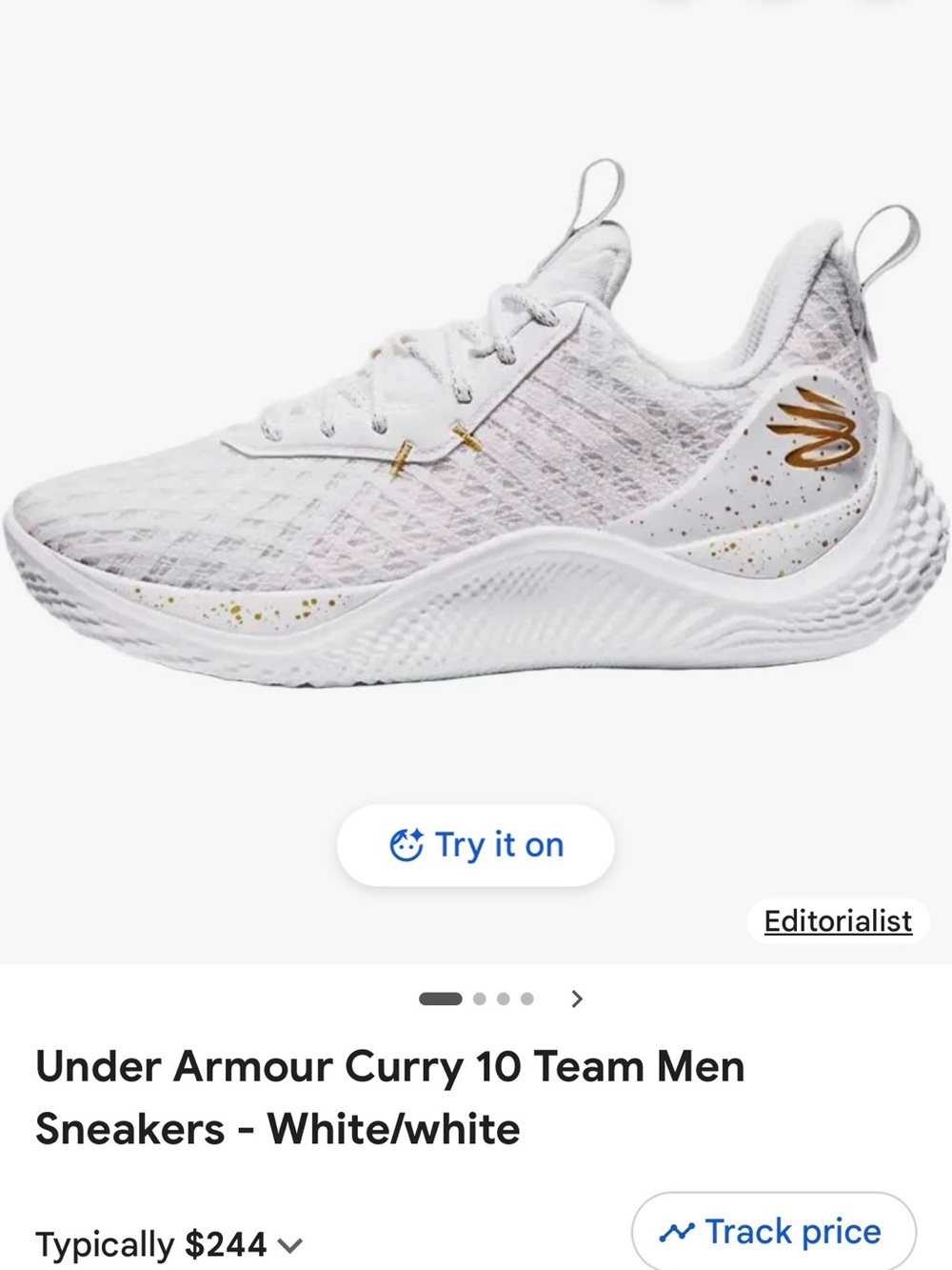 Under Armour Curry 10 Team Men's Sneakers — White with Gold Accents